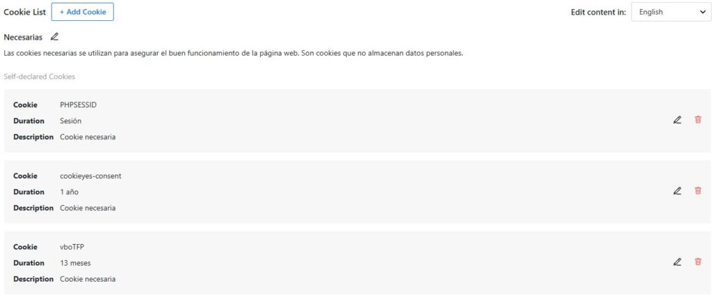 cuadro informativo con las cookies que utiliza la web casa rústica O Facho